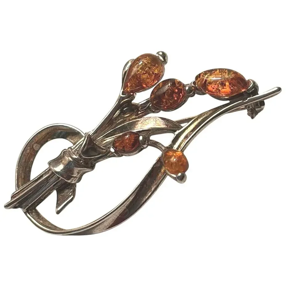 Vintage 925 Sterling Silver Baltic Amber Floral Branch Brooch Pin Signed 2.5”